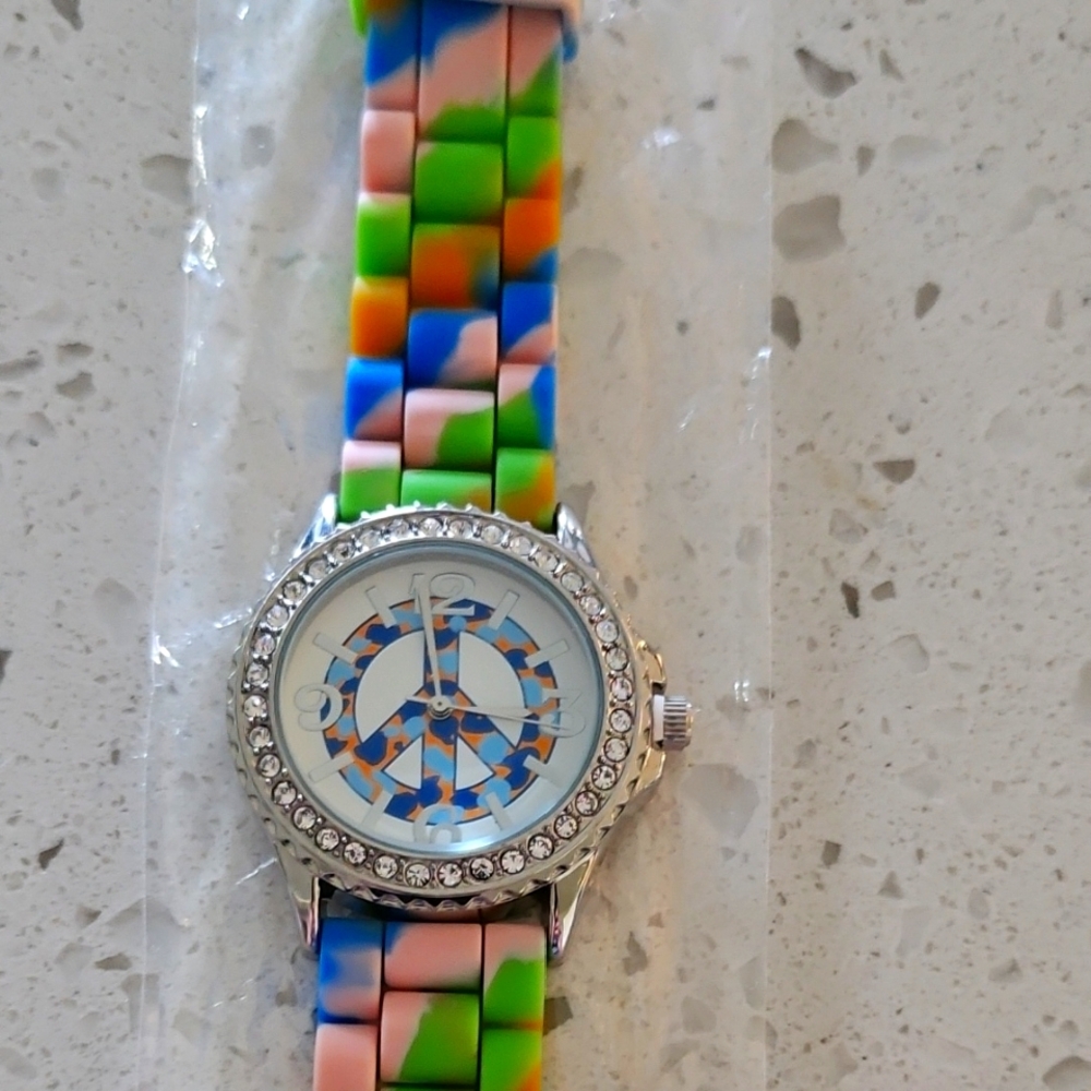 Geneva Multicolor Silicone Strap Watch with Silver Bezel
